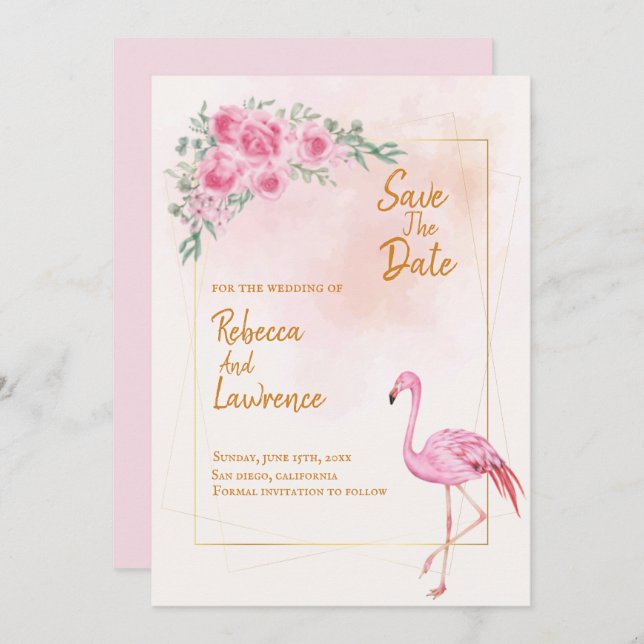 Floral Gold Frame pink Flamingo Wedding Invitation (Front/Back)