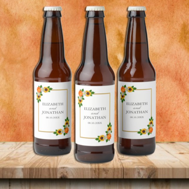 Floral Gold Frame Wedding Beer Bottle Label (Creator Uploaded)