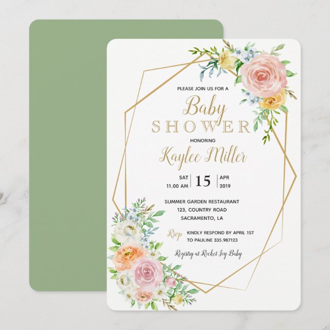 Floral gold geometric Baby Shower invitation card (Front/Back)
