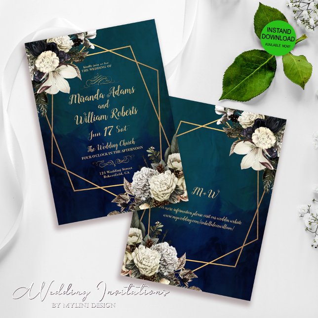 Floral Gold Geometric Emerald Green Wedding Invitation (Creator Uploaded)