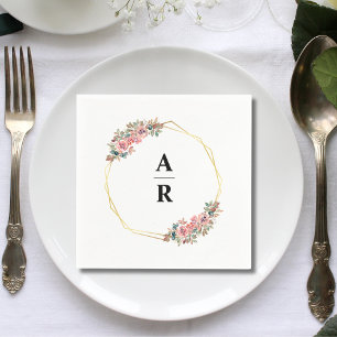 Floral Gold Geometric Frame Wedding Monogram Napkin