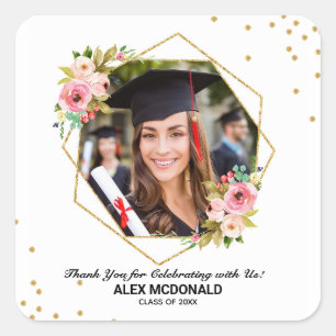 Floral Gold Geometric Graduation Thank You Favour Square Sticker