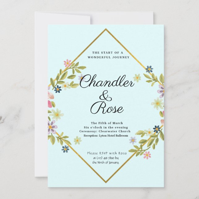 Floral Gold Geometric Minimalist Blue Wedding Invitation (Front)