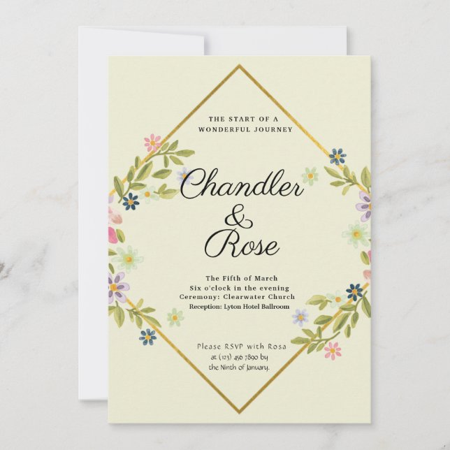Floral Gold Geometric Minimalist Green Wedding Invitation (Front)