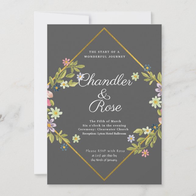 Floral Gold Geometric Minimalist Grey Wedding Invitation (Front)