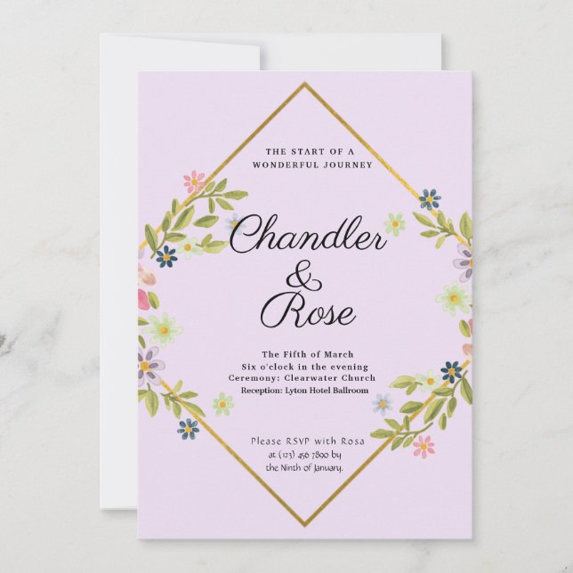 Floral Gold Geometric Minimalist Purple Wedding Invitation (Front)