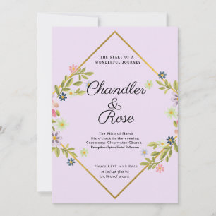 Floral Gold Geometric Minimalist Purple Wedding Invitation