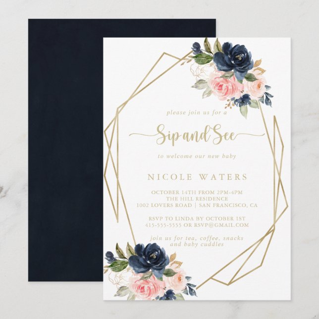 Floral Gold Geometric Sip and See Invitation (Front/Back)