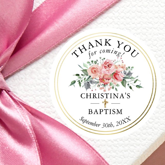 Floral Gold Girl Christening Baptism Thank You Classic Round Sticker (Creator Uploaded)