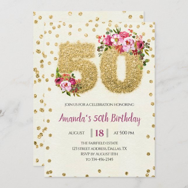 Floral & Gold Glitter 50th Birthday Invitation (Front/Back)