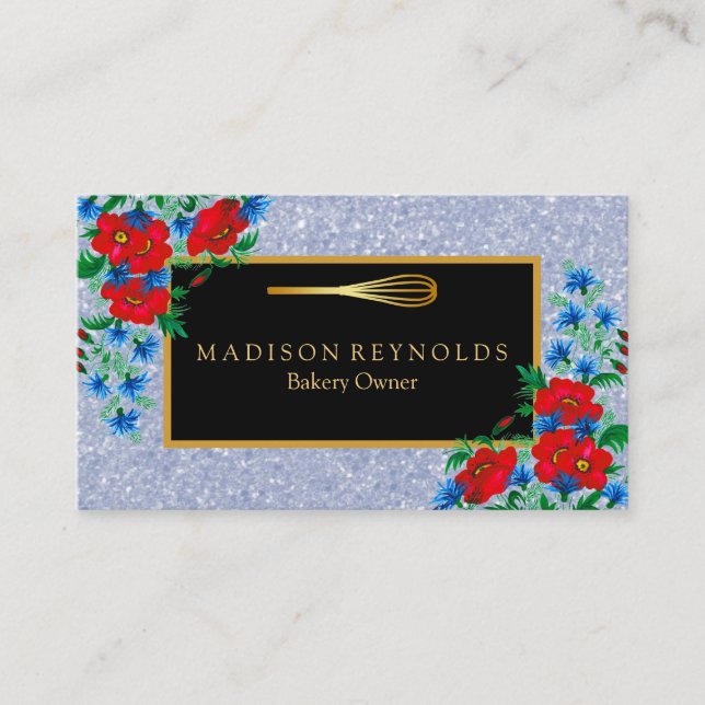 Floral Gold Glitter Bakery Chef Whisk Logo Busines Business Card (Front)