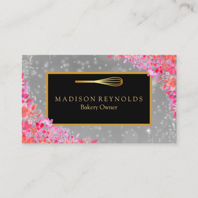 Floral Gold Glitter Bakery Chef Whisk Logo Busines Business Card (Front)