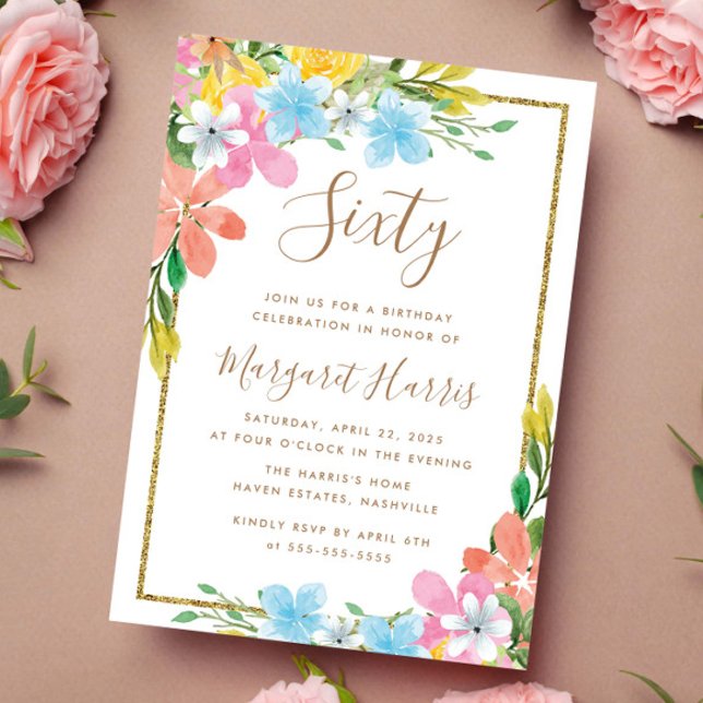 Floral Gold Glitter Border 60th Sixty Birthday Invitation (Creator Uploaded)
