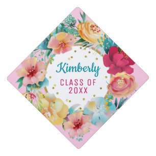 Floral Gold Glitter Class Of Graduation Cap