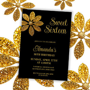 Floral Gold Glitter Flower Sweet 16 Birthday Invitation