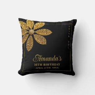Floral Gold Glitter Flower Sweet 16 Birthday Throw Pillow