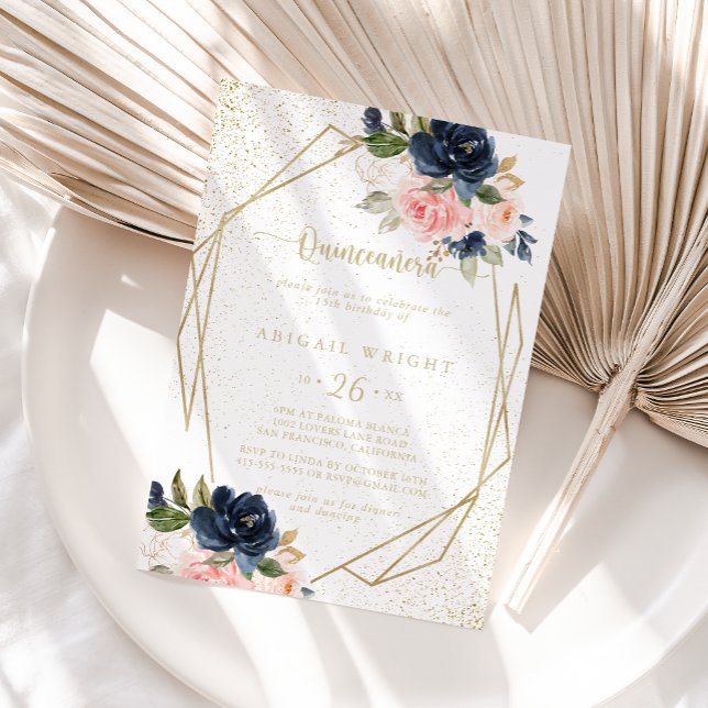 Floral Gold Glitter Geometric Quinceañera   Invitation (Creator Uploaded)
