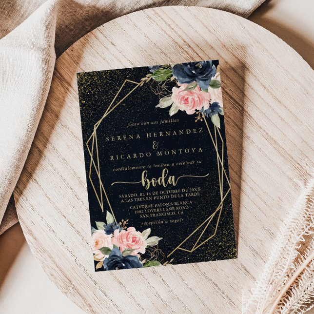 Floral Gold Glitter Geometric Spanish Wedding  Invitation (Creator Uploaded)