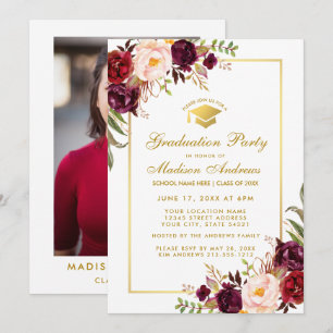 Floral Gold Graduation Party Invite - Photo Back