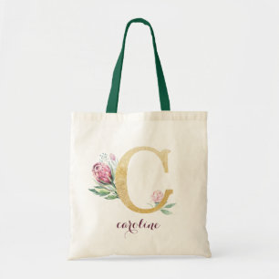Floral Gold Greenery Purple Personalized Monogram Tote Bag