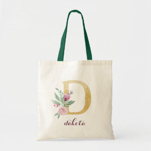 Floral Gold Greenery Purple Personalized Monogram Tote Bag