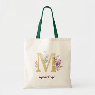 Floral Gold Greenery Purple Personalized Monogram Tote Bag