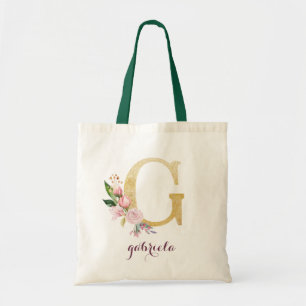 Floral Gold Greenery Purple Personalized Monogram Tote Bag