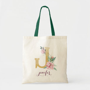 Floral Gold Greenery Purple Personalized Monogram Tote Bag