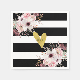Floral Gold Heart Black White Wedding Paper Napkin