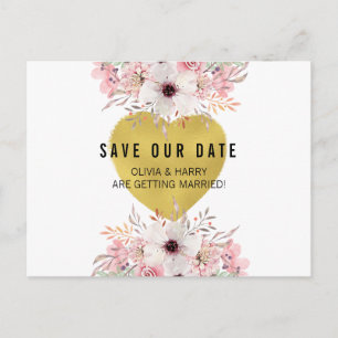 Floral Gold Heart Save The Date Postcard