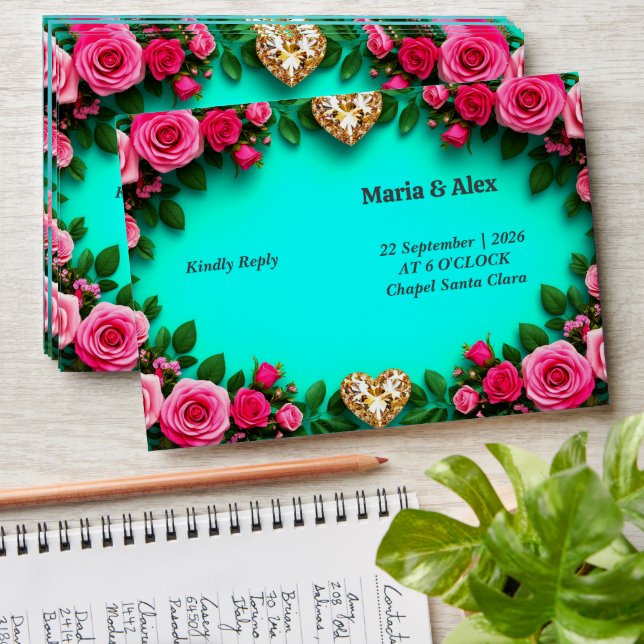 🌺 Floral Gold Heart Turquoise Wedding Decor 💐 Envelope (Stacked)