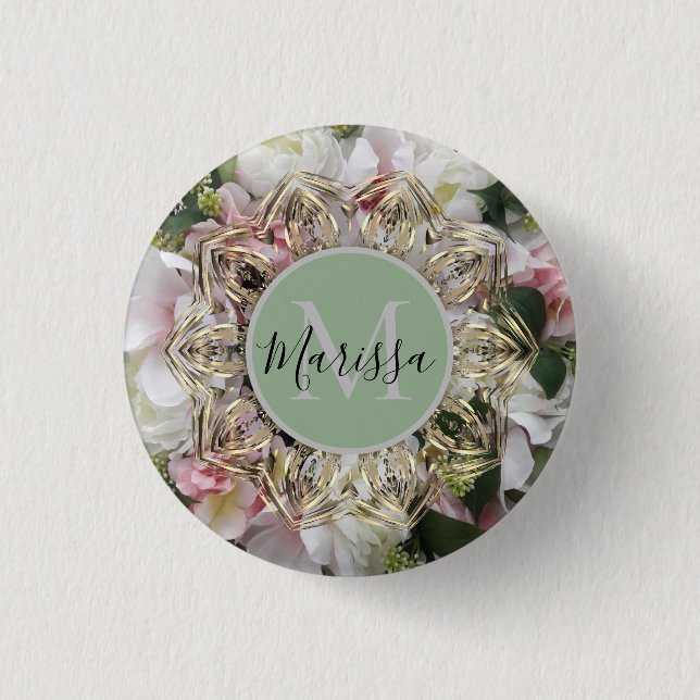 Floral Gold Hexagon Mandala Monogram   1 Inch Round Button (Front)