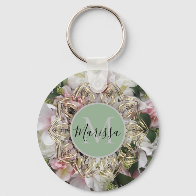 Floral Gold Hexagon Mandala Monogram  Keychain (Front)