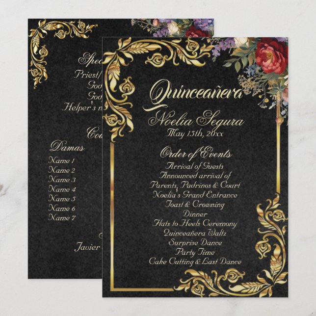 Floral & Gold Leaves - Black Quinceanera Program (Front/Back)