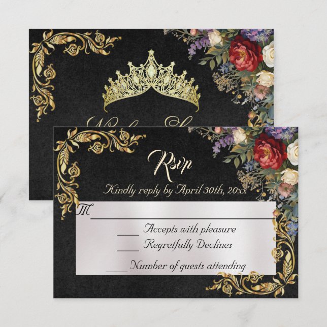 Floral & Gold Leaves - Black RSVP (Devant / Derrière)