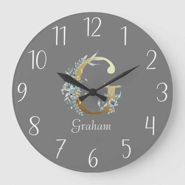 Floral Gold Letter G on Grey Large Clock (Front)