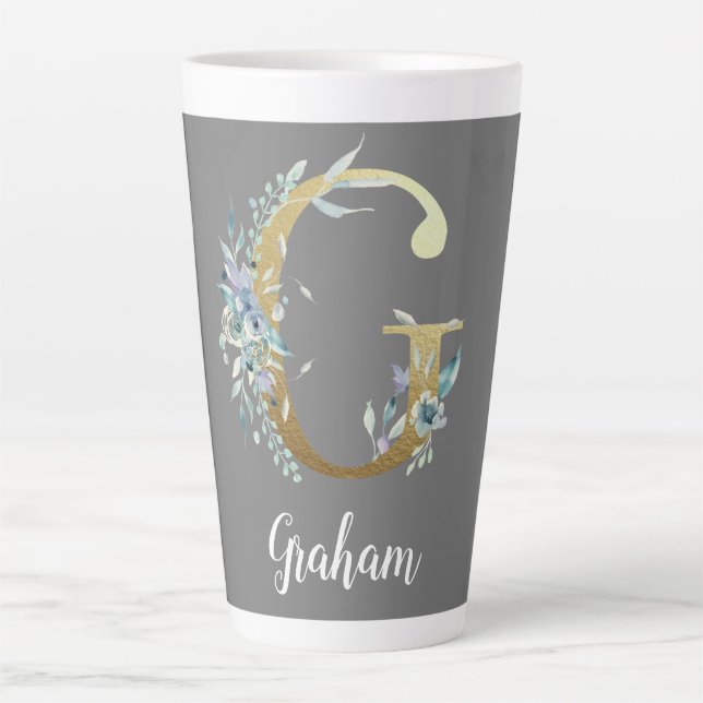 Floral Gold Letter G on Grey Latte Mug (Front)