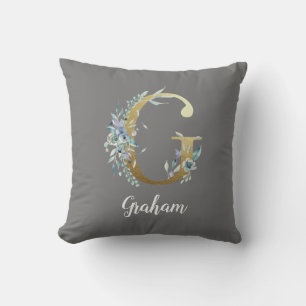 Floral Gold Letter G on Grey Throw Pillow