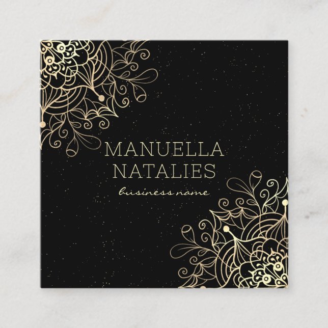 Floral Gold Mandala Black  Square Business Card (Front)