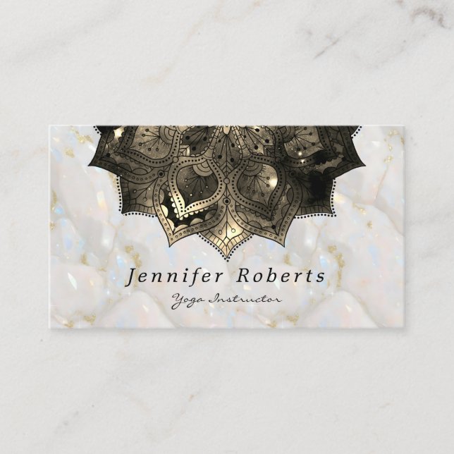 Floral Gold Mandala Opal Stone Yoga Instructor Business Card (Front)