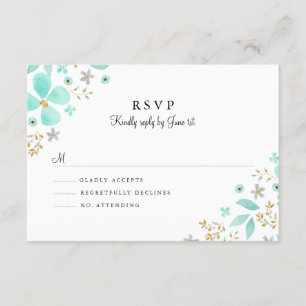 Floral Gold Mint Leaf Wedding RSVP Card