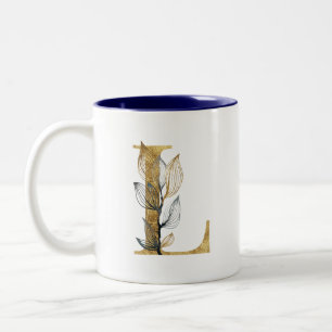 Floral Gold Navy Blue Leaves Monogram Personalized Two-Tone Coffee Mug