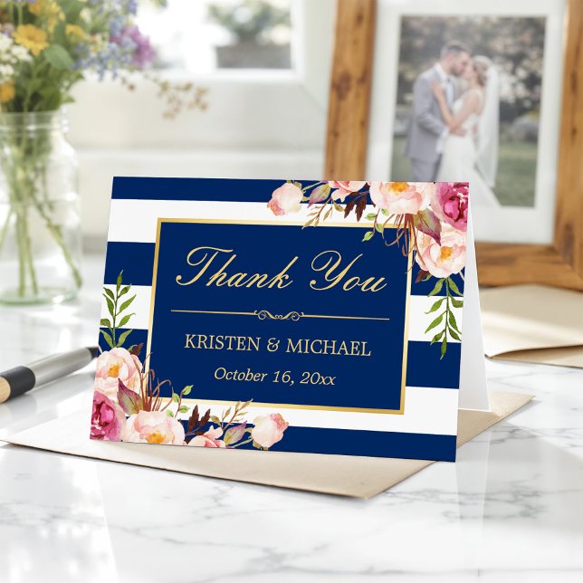 Floral Gold Navy Blue Stripes Wedding Thank You (Creator Uploaded)