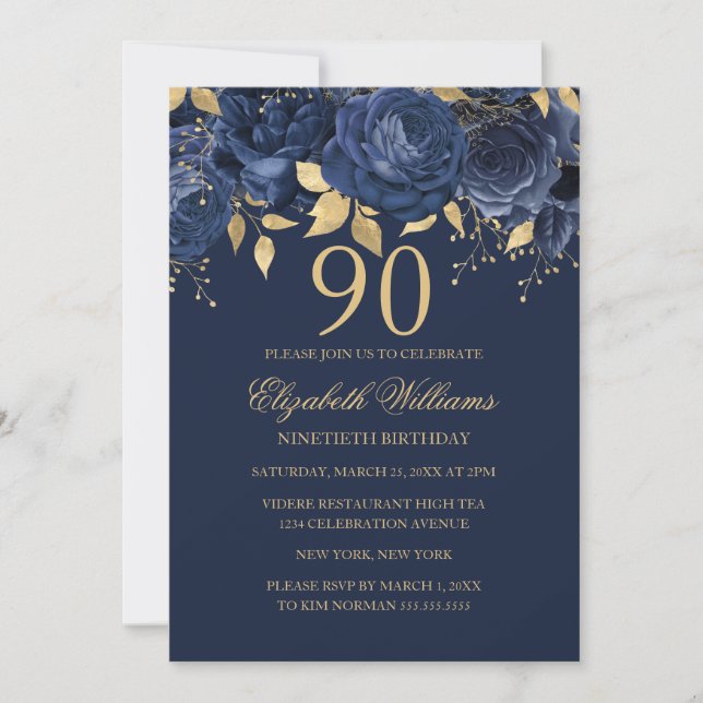 Floral Gold Navy Rose 90th Birthday Invitation (Front)