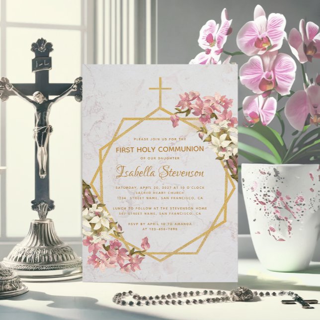 Floral Gold Orchids Marble First Holy Communion Invitation (Creator Uploaded)
