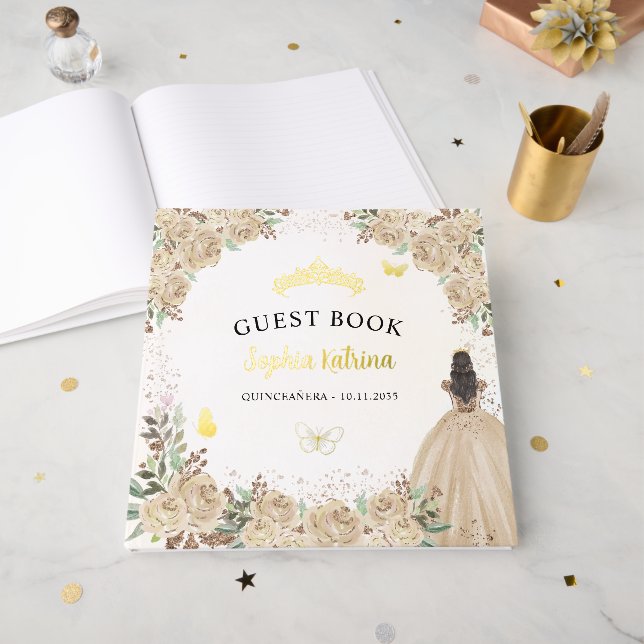 Floral Gold Princess Butterfly Tiara Quinceanera Guest Book (Front Open)