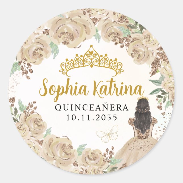Floral Gold Princess Quinceanera Birthday Favour Classic Round Sticker (Front)