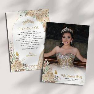 Floral Gold Princess Quinceanera Photo Thank You Card
