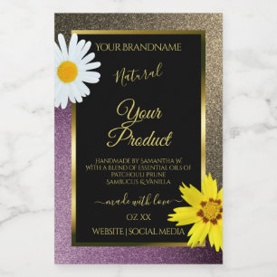Floral Gold Purple Glitter Black Product Labels