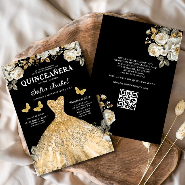 Floral Gold QR Code Princess Quinceanera Invitation (Creator Uploaded)